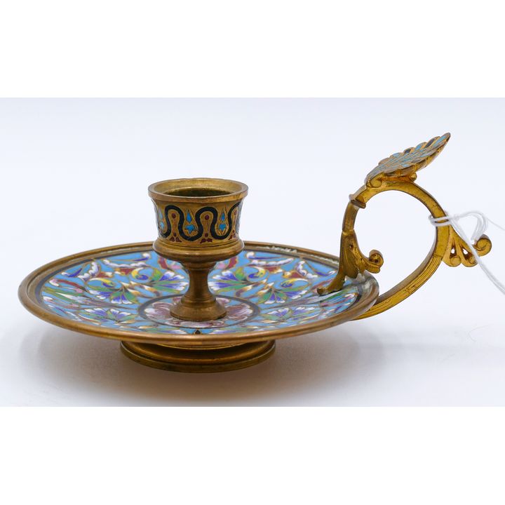 Antique French Champleve Enamel Chamber Stick 6''