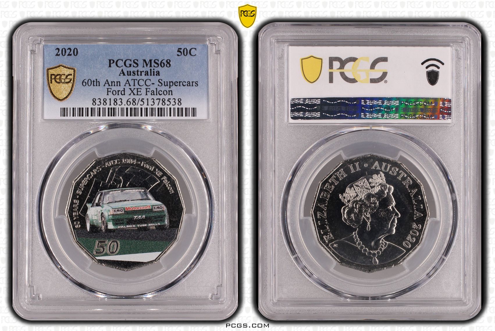 60th Ann ATCC- Supercars Ford XE Falcon Colorized, Fifty Cent, 2020, PCGS MS68