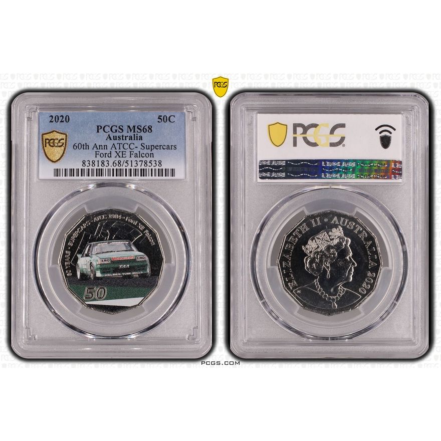 60th Ann ATCC- Supercars Ford XE Falcon Colorized, Fifty Cent, 2020, PCGS MS68
