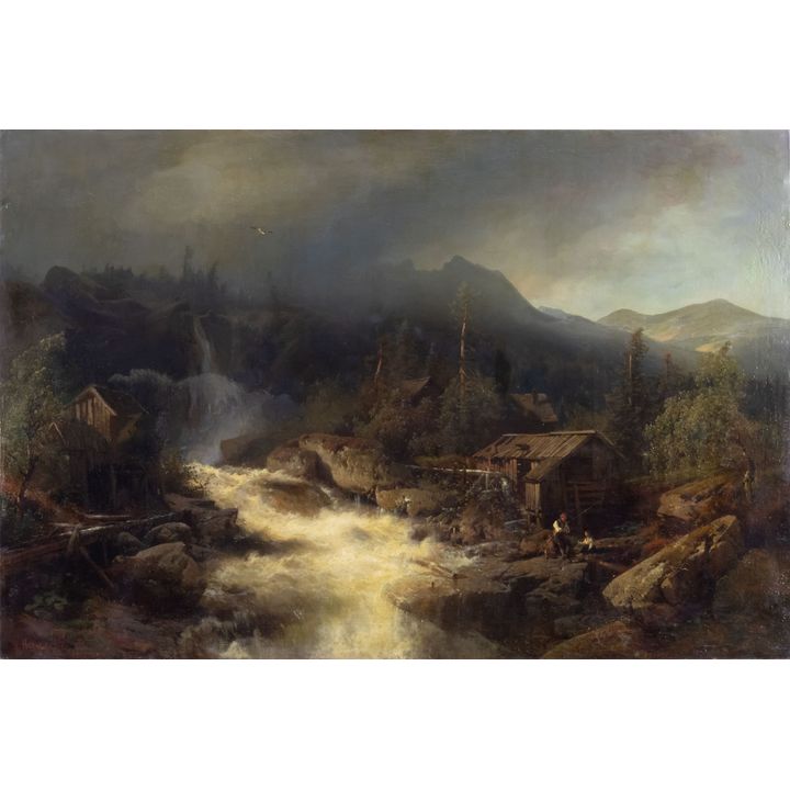 Hermann Herzog (1832-1932), Landscape with Waterfall and Angler