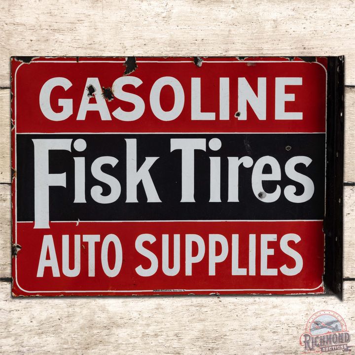 Fisk Tires Gasoline Auto Supplies DS Porcelain Flange Sign