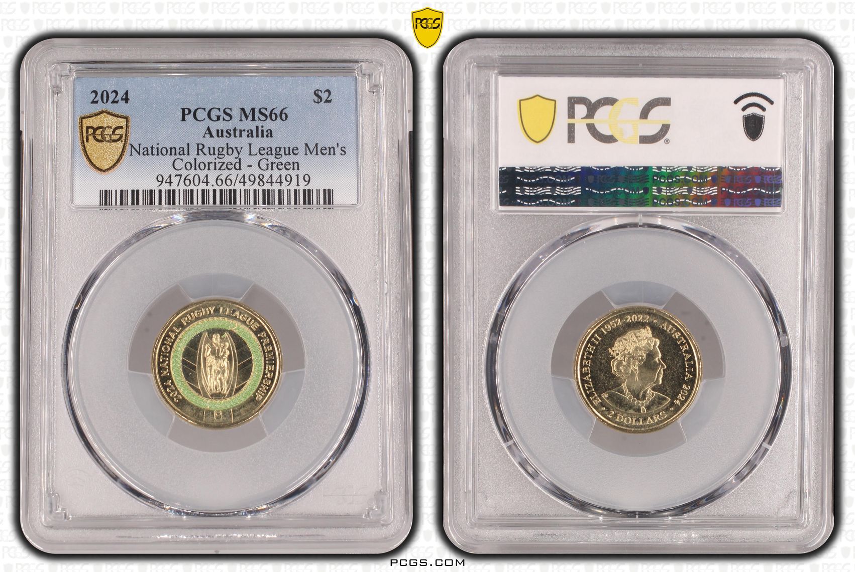 National Rugby League Men's Colorized - Green, Two Dollar, 2024, PCGS MS66