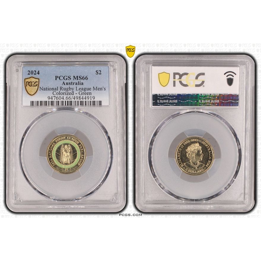 National Rugby League Men's Colorized - Green, Two Dollar, 2024, PCGS MS66