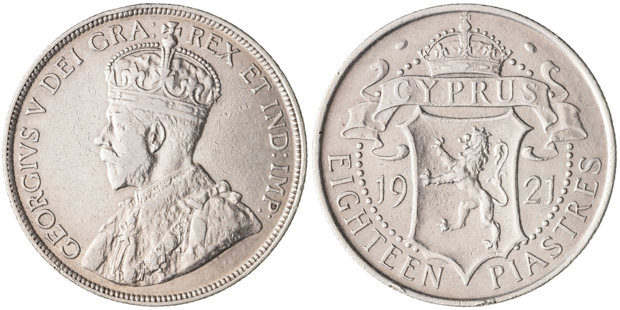 Cyprus , George V, Eighteen Piastres, 1921, gF