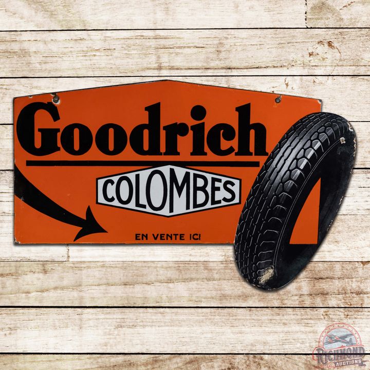 Fantastic Goodrich Colombes Die Cut Double Sided Porcelain Flange Sign w/ Tire & Arrow