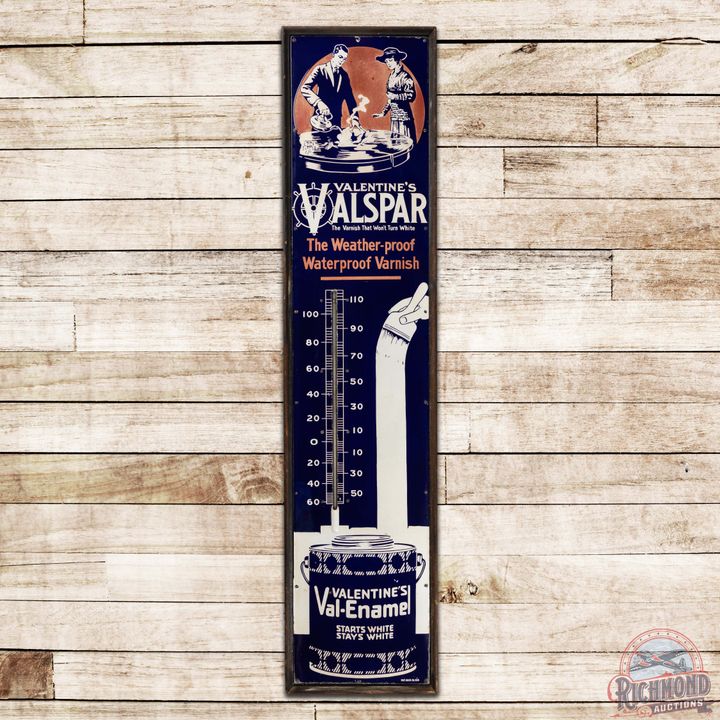 Scarce Valentine's Valspar Varnish 6' Single Sided Porcelain Thermometer Sign