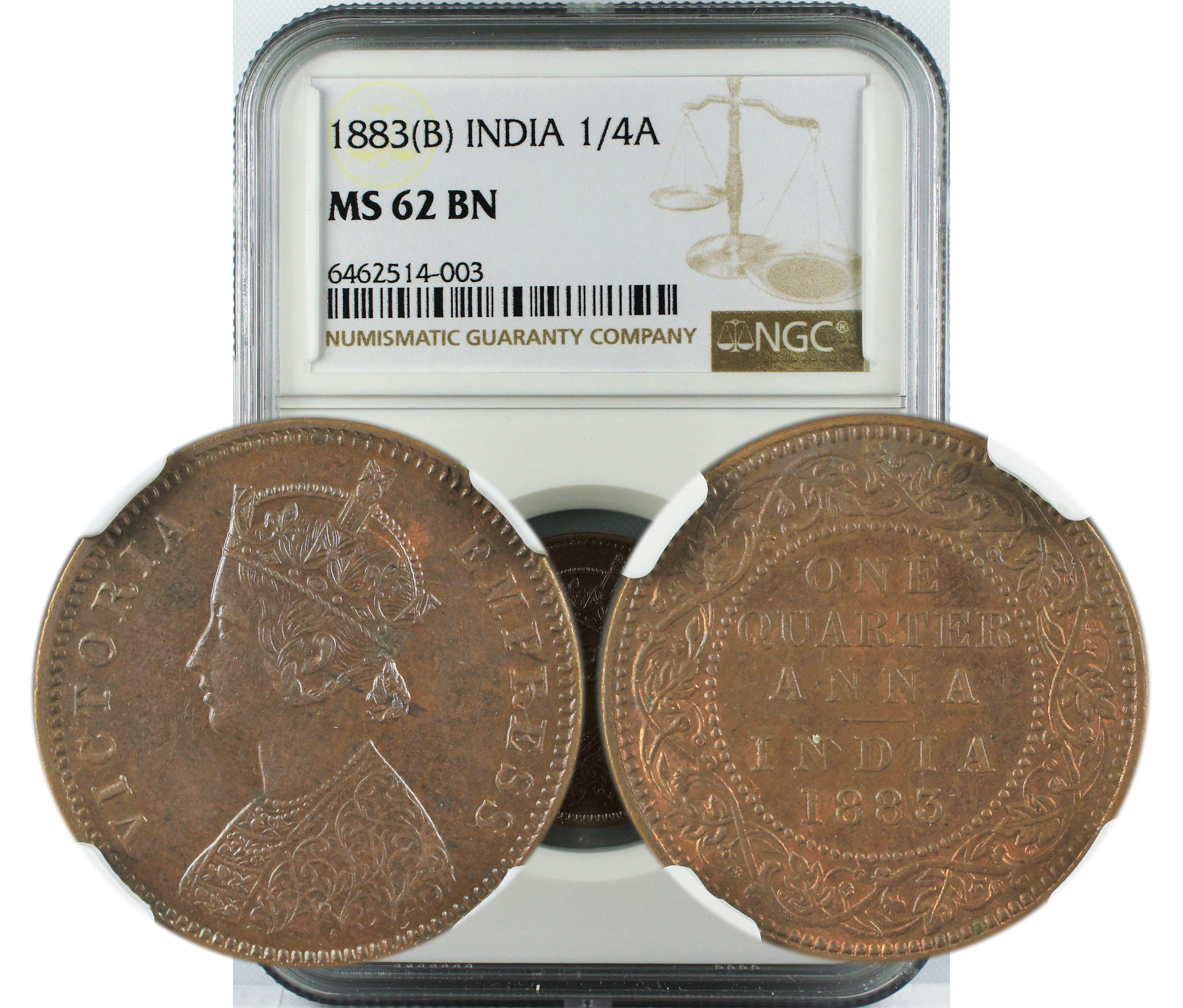 1883 B INDIA 1/4 ANNA MS62 BN