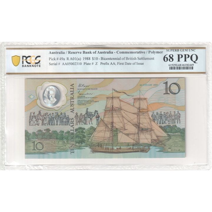 Bicentennial of British Settlement, Prefix AA; First Date of Issue, Ten Dollar, 1988, PCGS Superb Gem UNC 68 PPQ