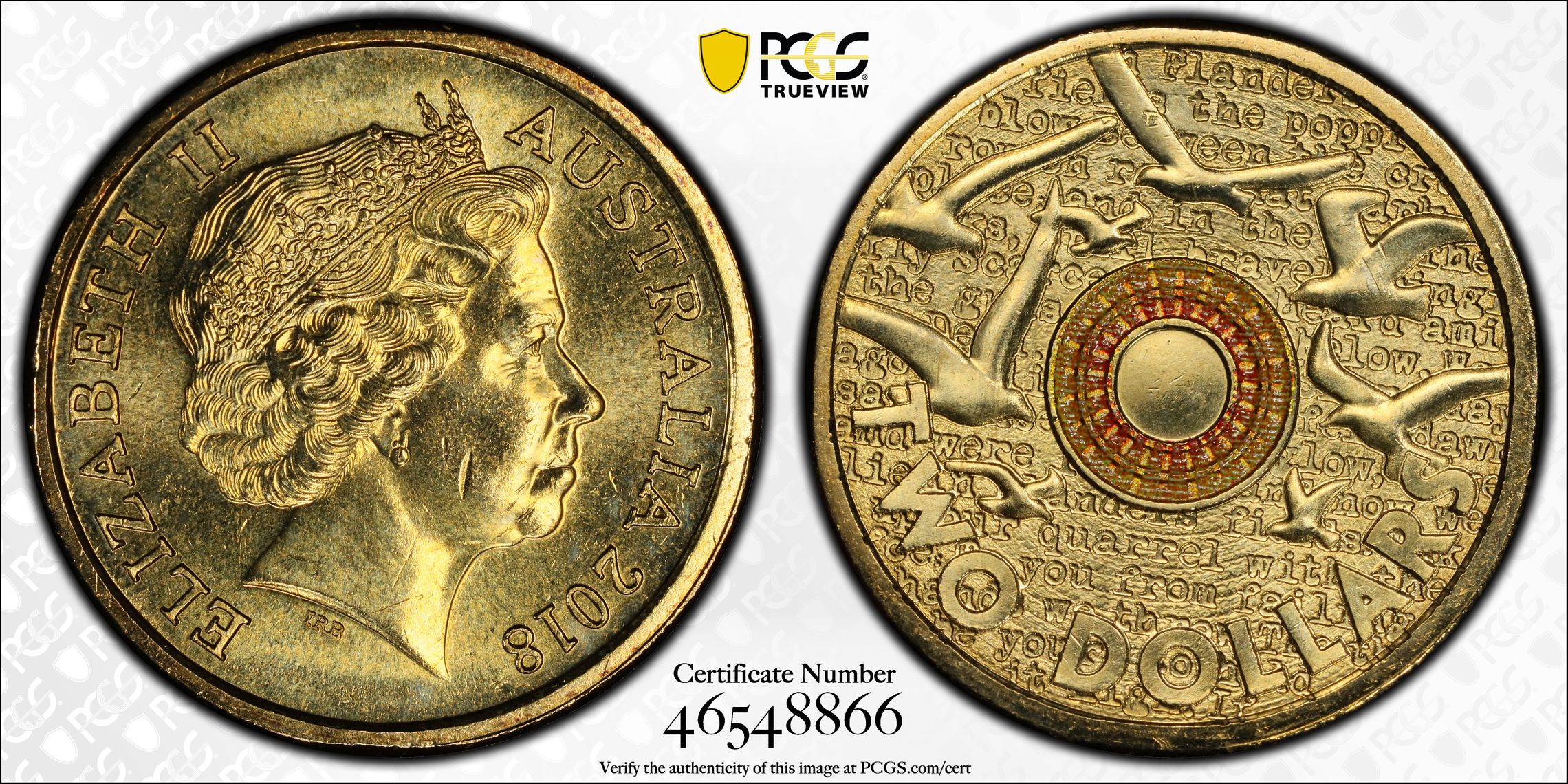 471 · Elizabeth II, Remembrance Day Colorized In Flanders Fields 30th Ann. $2 Co , Two Dollar, 2018, PCGS MS65