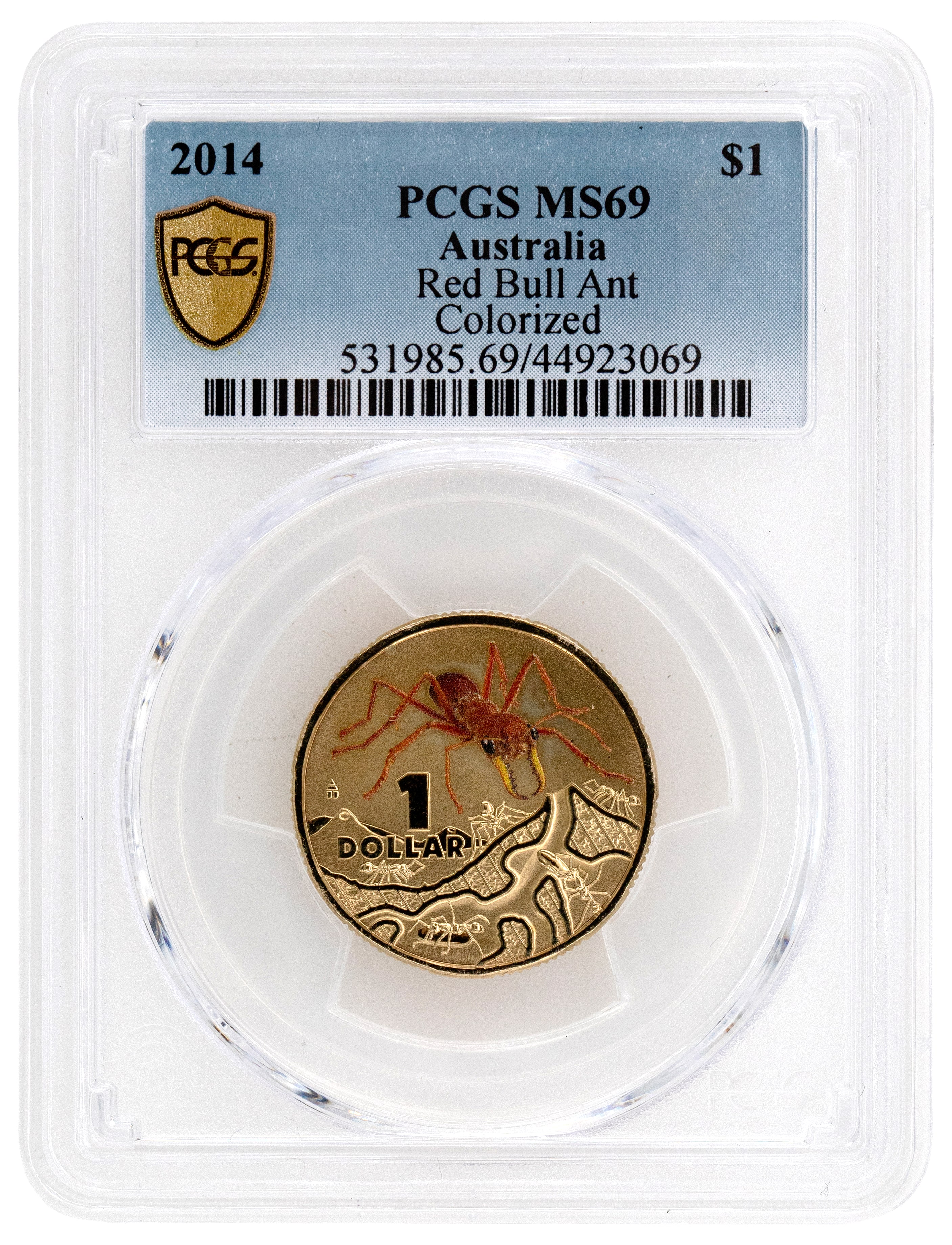 212 · 2014 Australia One Dollar, $1 Red Bull Ant Colorized PCGS - MS69 POP 18/0 -069