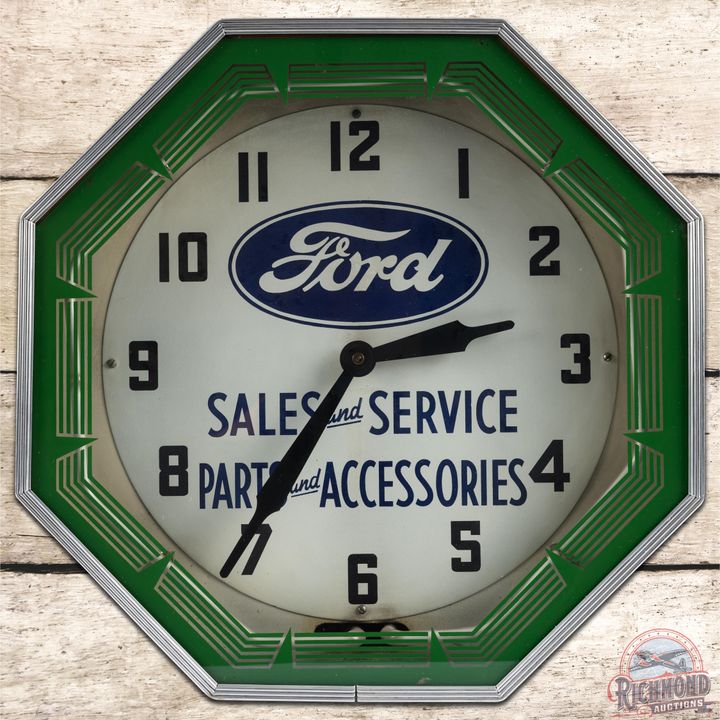 Ford Sales Service Parts & Accessories Octagon Neon Clock - 8.25