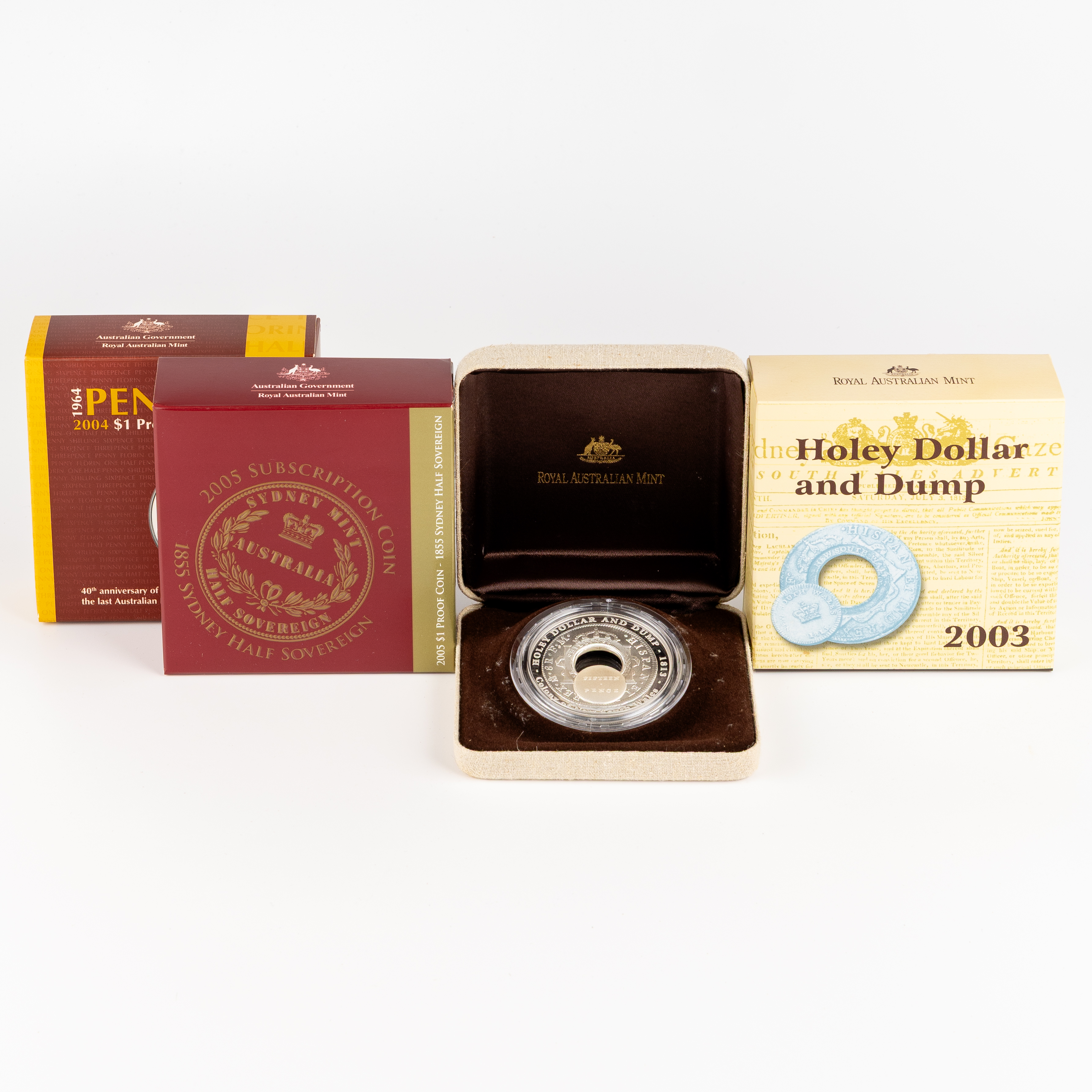 Elizabeth II, RAM - Holey Dollar & Dump, Penny 40TH Anniversary & Sydney Mint Half Sovereign, One Dollar, 2003 - 2005, FDC