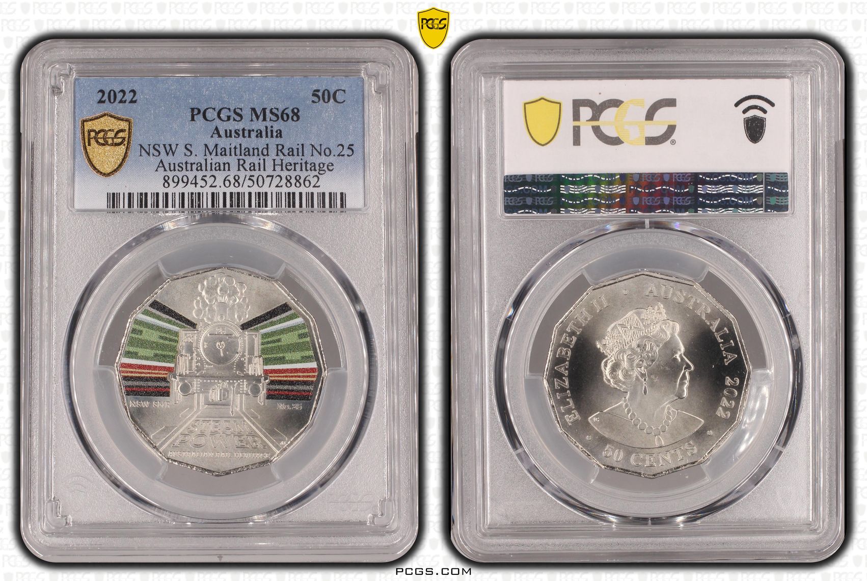 NSW S. Maitland Rail No.25 - Australian Rail Heritage , Fifty Cent, 2022, PCGS MS68