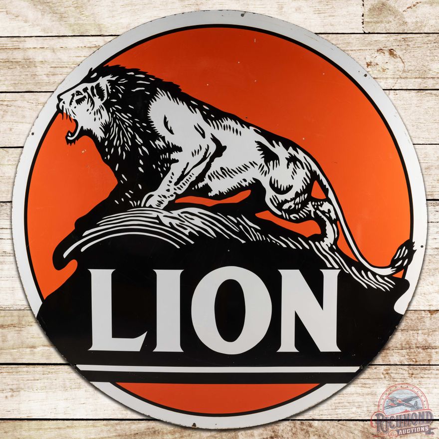 Lion Gasoline 72" DS Porcelain Sign w/ "Lion on the Rock" Logo