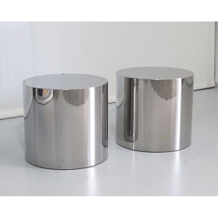 PAIR OF CYLINDRICAL STAINLESS STEEL SIDE TABLES