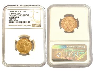 Rare 1841 Queen Victoria Gold Sovereign A's in Gratia Without Center Stroke NGC AU Details Cleaned.