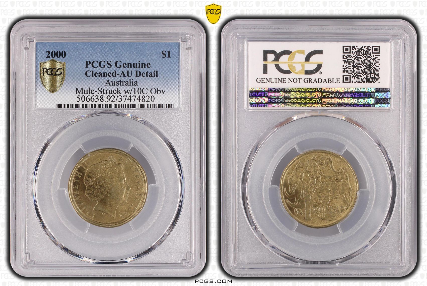 2000 Australia One Dollar, $1 Mule-Struck w/10C Obv Die PCGS - Genuine - AU Details (92 - Cleaned) -820