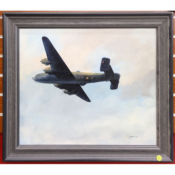 Charles Hall (British) WWII Fighter Plane Oil Painting Framed 22.5''x25''