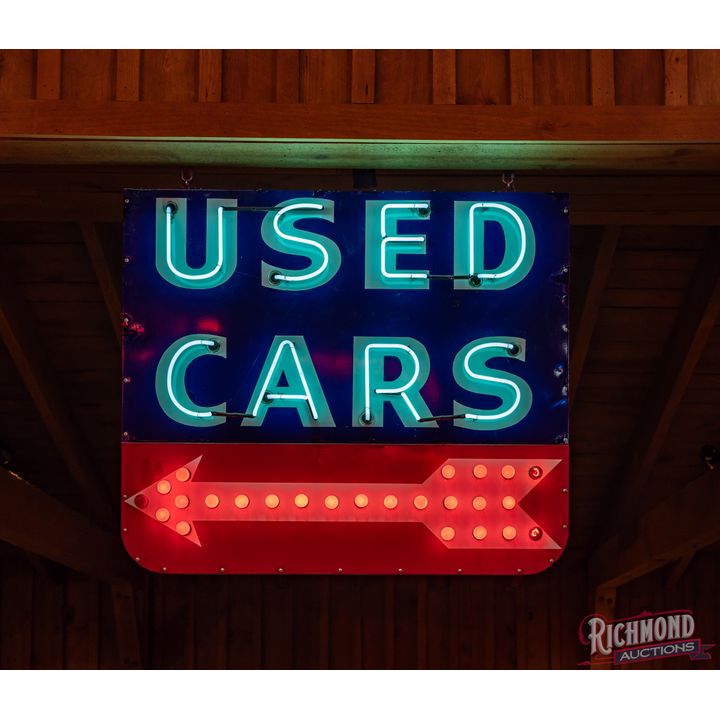Used Cars Single Sided Porcelain Dealership Sign w/ Arrow Neon Sign