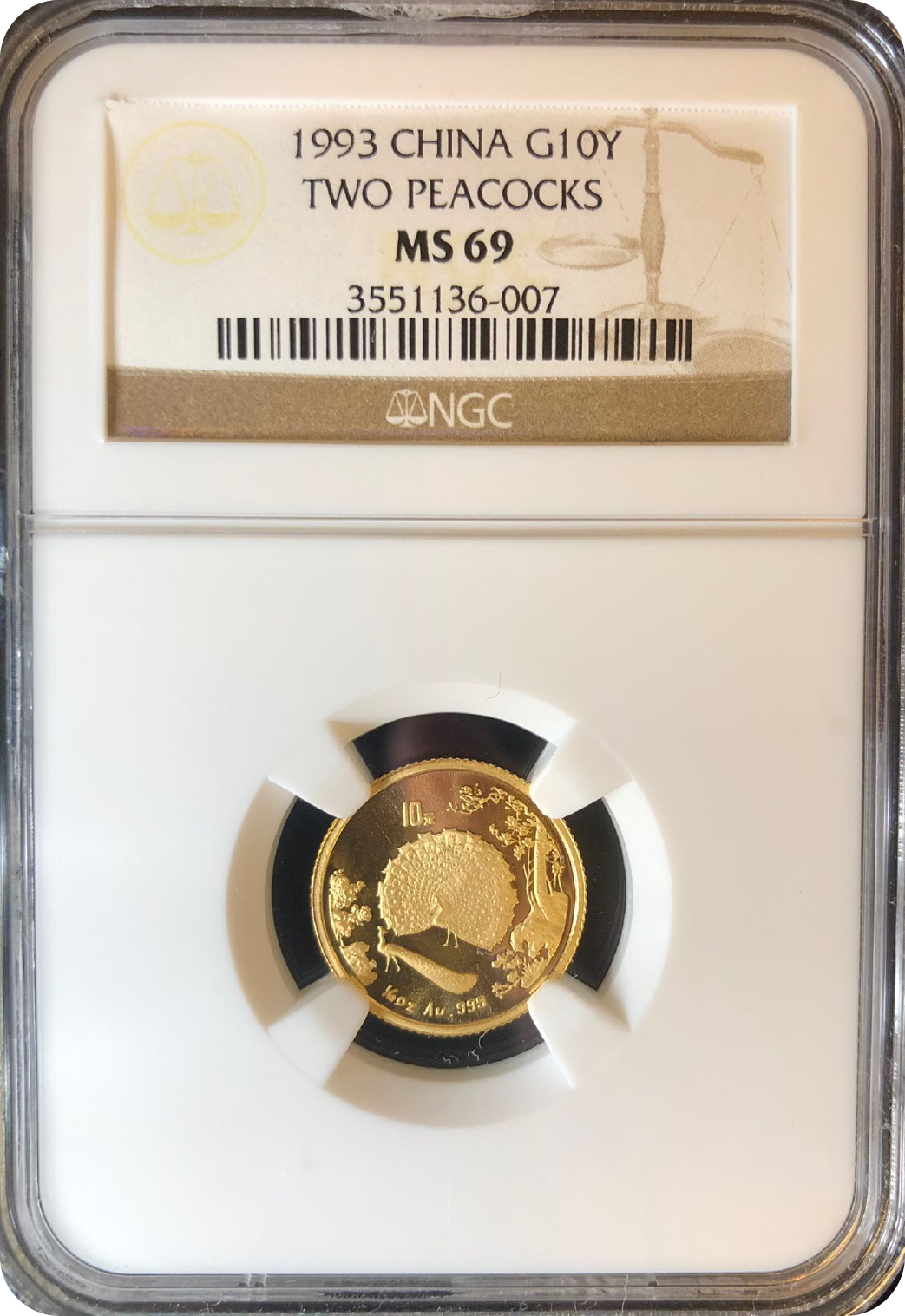China Two Peacocks Gold Coin 1993 10 Yuan NGC MS69 | Monetarium 