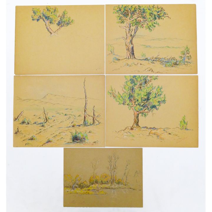 5pc Melville Wire Landscape 1930's Colored Pencil Drawings