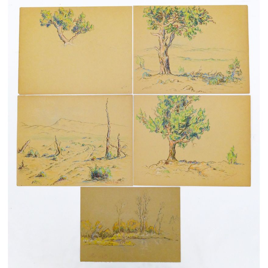 5pc Melville Wire Landscape 1930's Colored Pencil Drawings