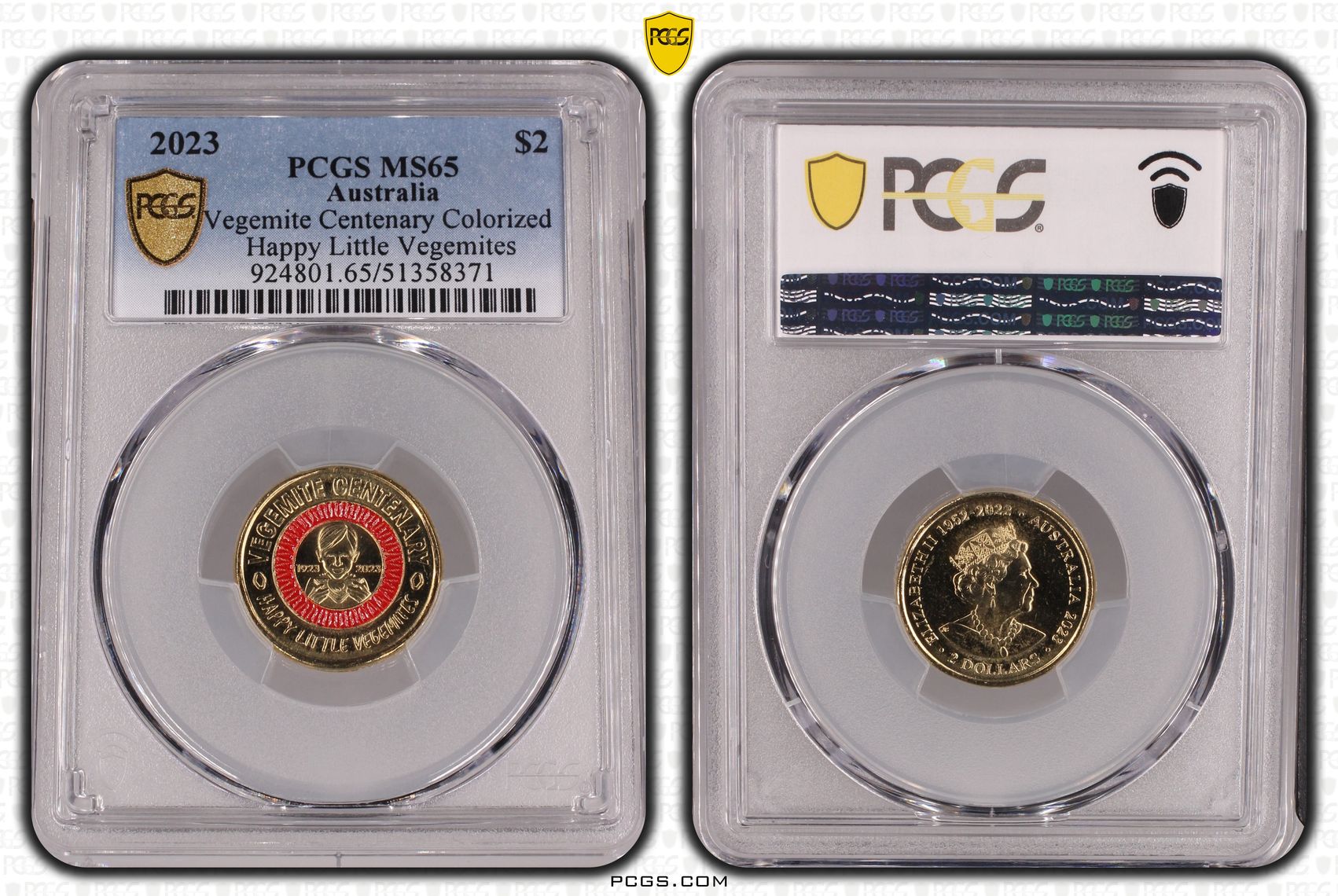 Vegemite Centenary Colorized Happy Little Vegemites, Two Dollar, 2023, PCGS MS65
