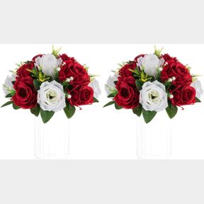 NUPTIO ARTIFICIAL FLOWER CENTREPIECES FOR TABLES - 2 PCS CRIMSON & WHITE FAKE FLOWERS ROSES BALLS 9.5IN DIAMETER - SILK FAUX ROSE