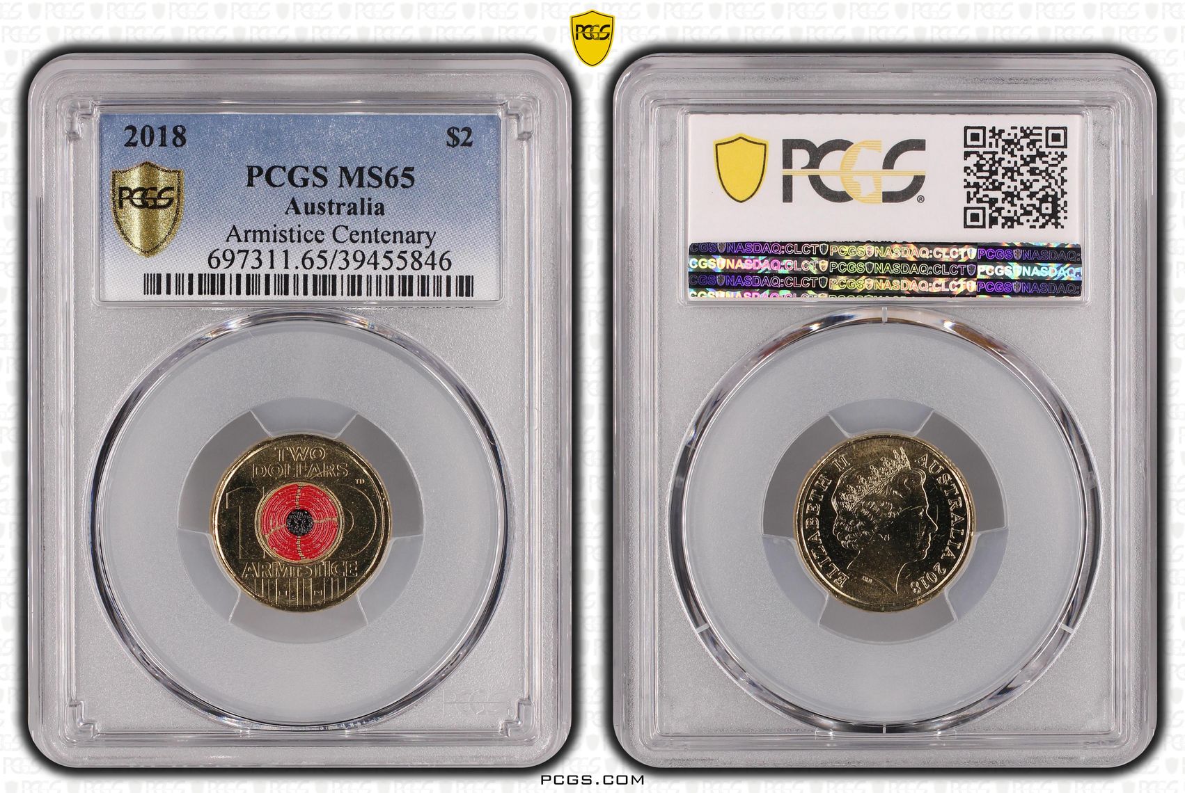 Armistice Centenary Colourised, Two Dollar, 2018, PCGS MS65
