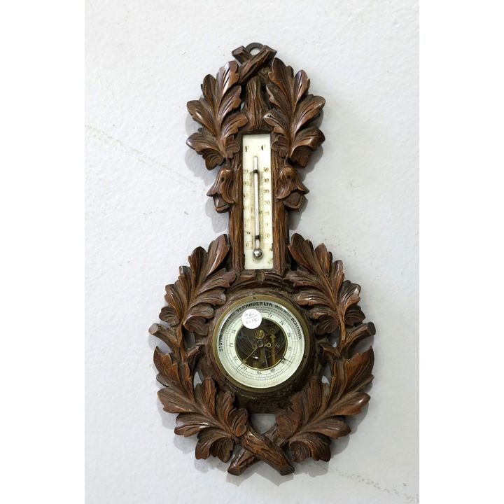 CARVED OAK ANEROID BAROMETER