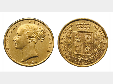 1854 Queen Victoria Young Head Shield Gold Sovereign.
