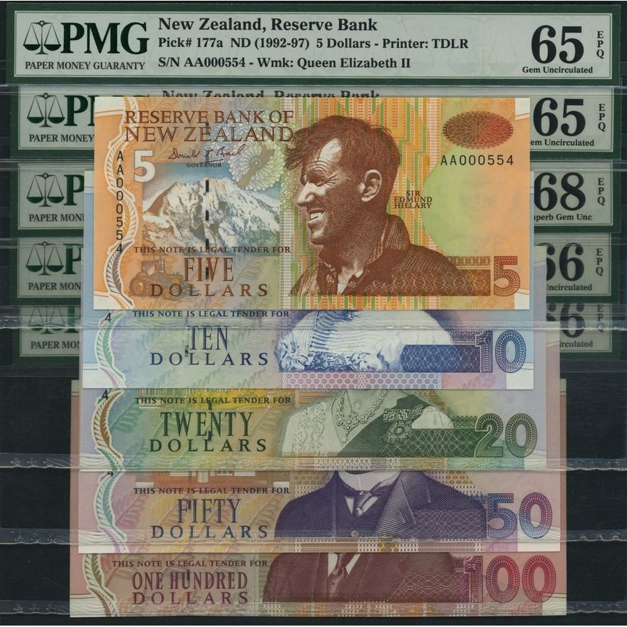 Reserve Bank of New Zealand, [5 notes] 5, 10, 20, 50 & 100 Dollars, ND ...
