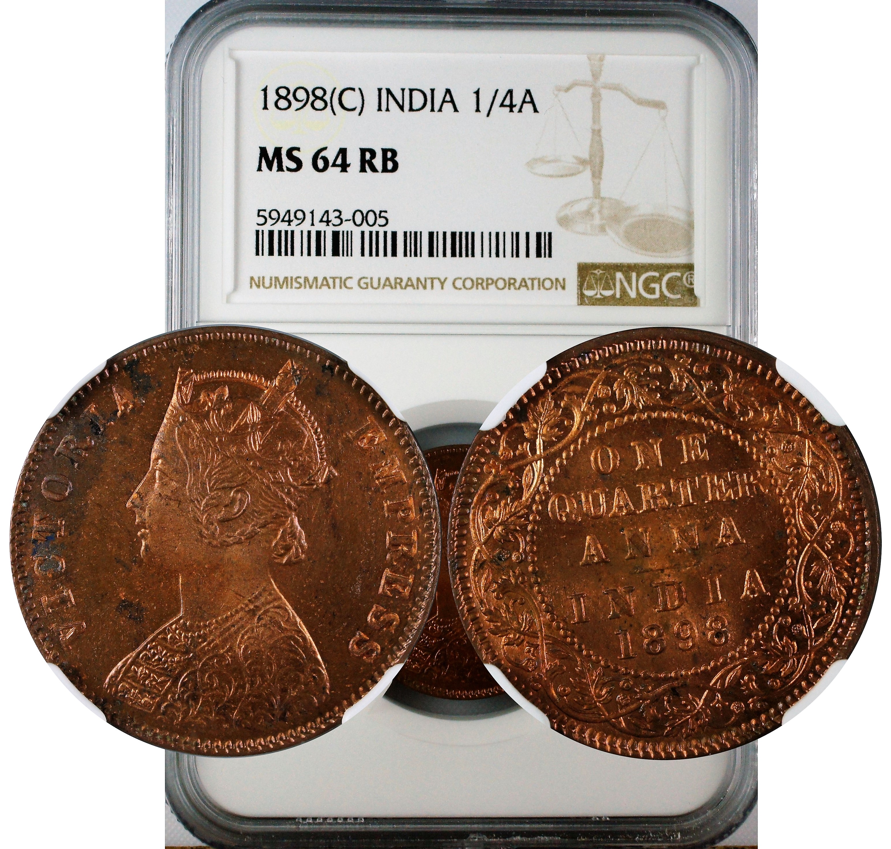India 1898 C 1/4 Anna NGC MS64 RB