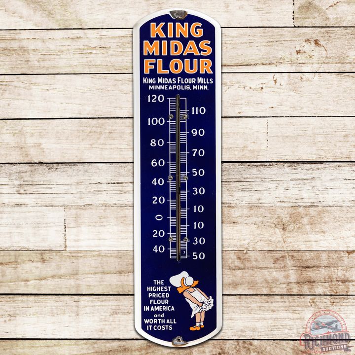 King Midas Flour "Worth All it Costs" SS Porcelain Thermometer Sign Minneapolis Minn