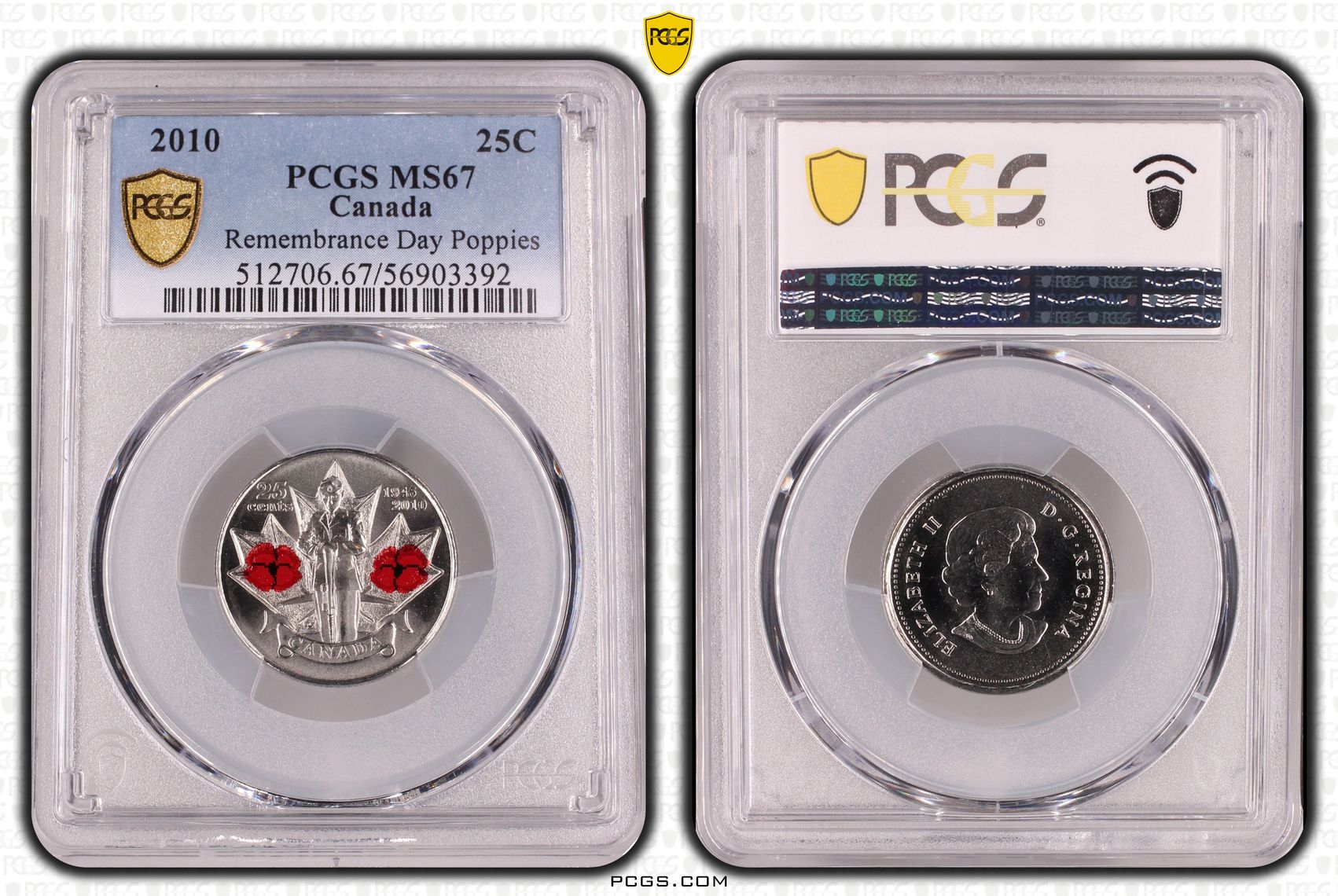 Canada, Remembrance Day Poppies, Twenty Five Cent, 2010, PCGS MS67