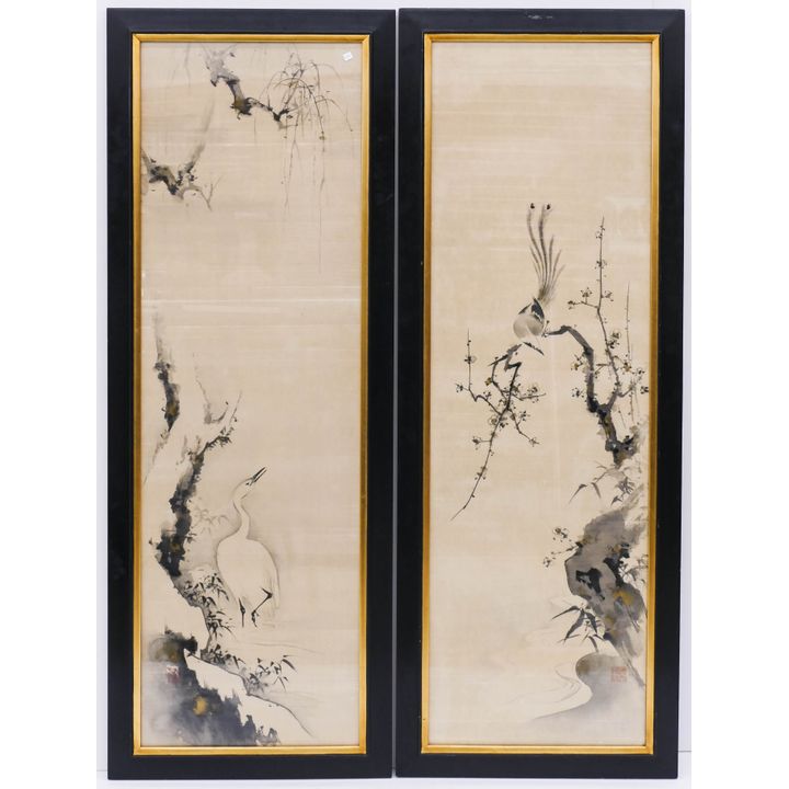 Pair Japanese Showa Bird on Branch Scroll Paintings
