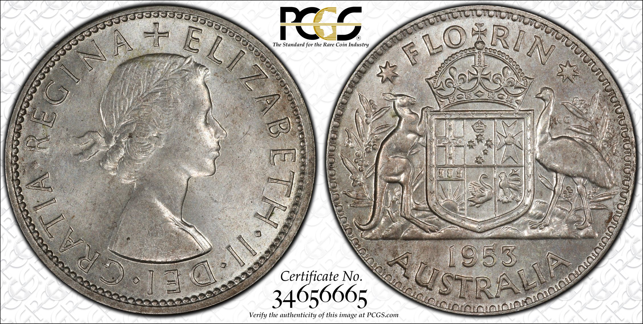 Elizabeth II, Large Reverse Denticles, Florin, 1953, PCGS MS64