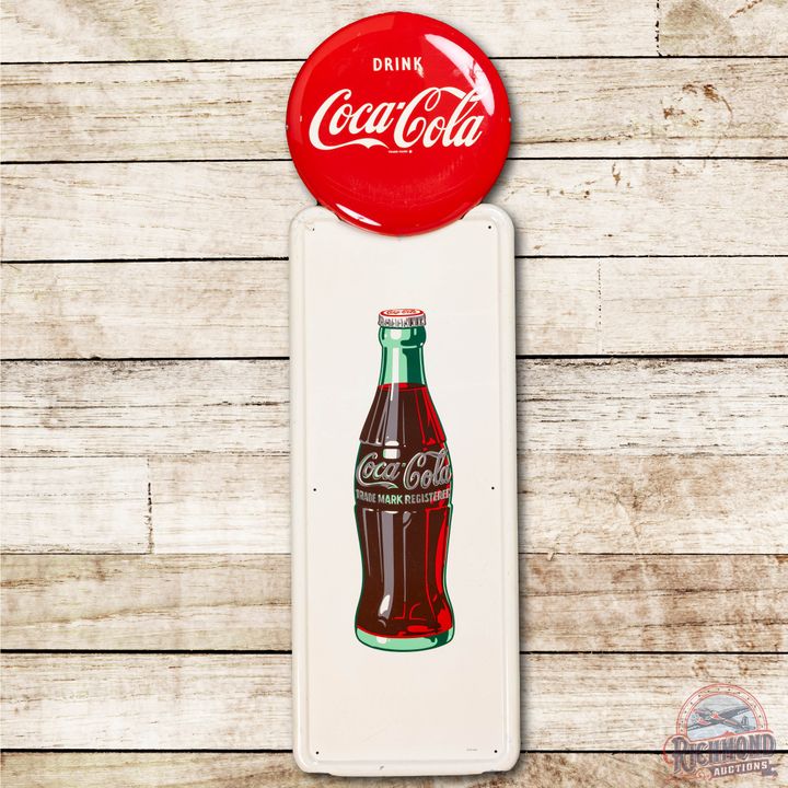 1950 Drink Coca Cola Pilaster w/ Bottle & 16" Button Tin Sign