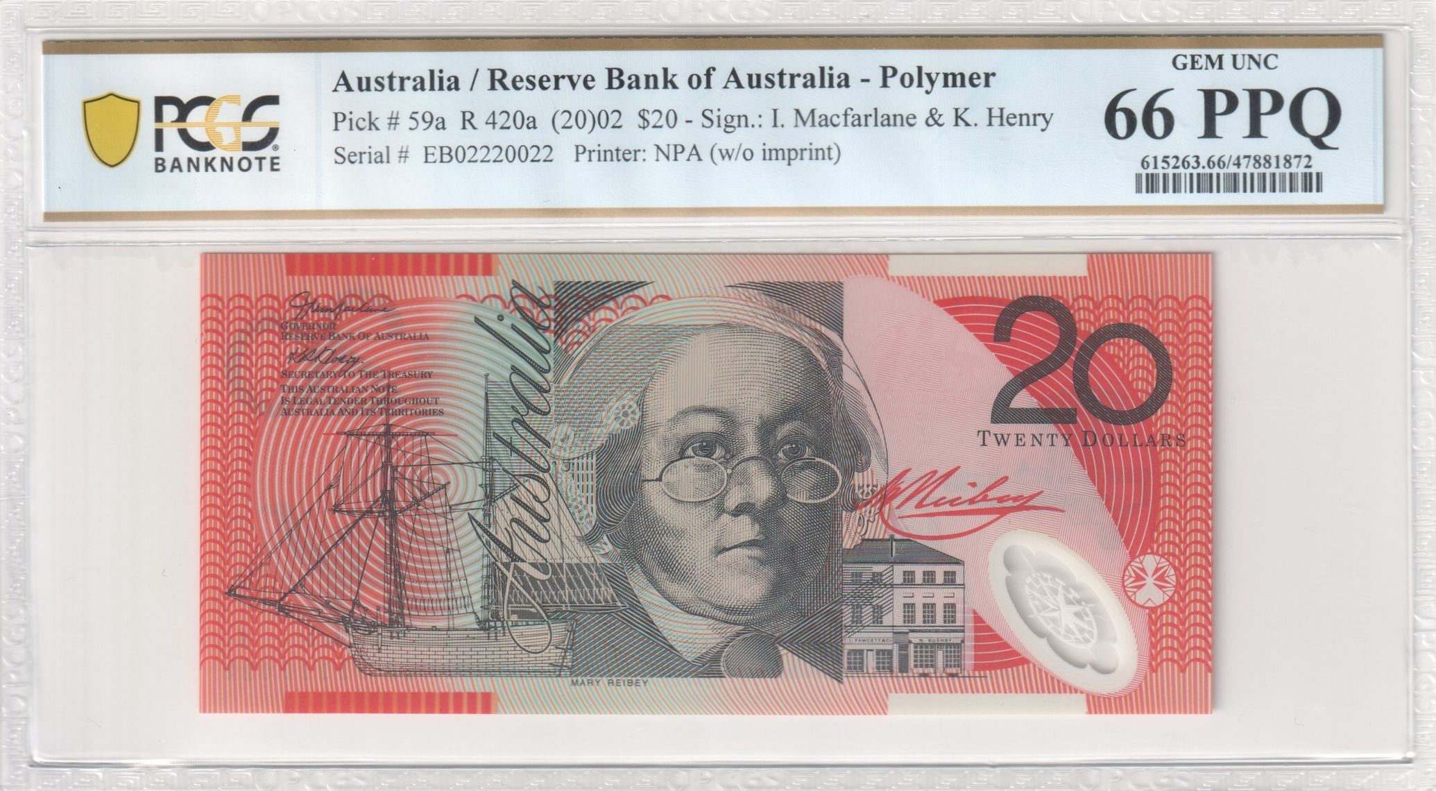 Macfarlane/ Henry, Twenty Dollar, 2002, PCGS Gem UNC 66 PPQ