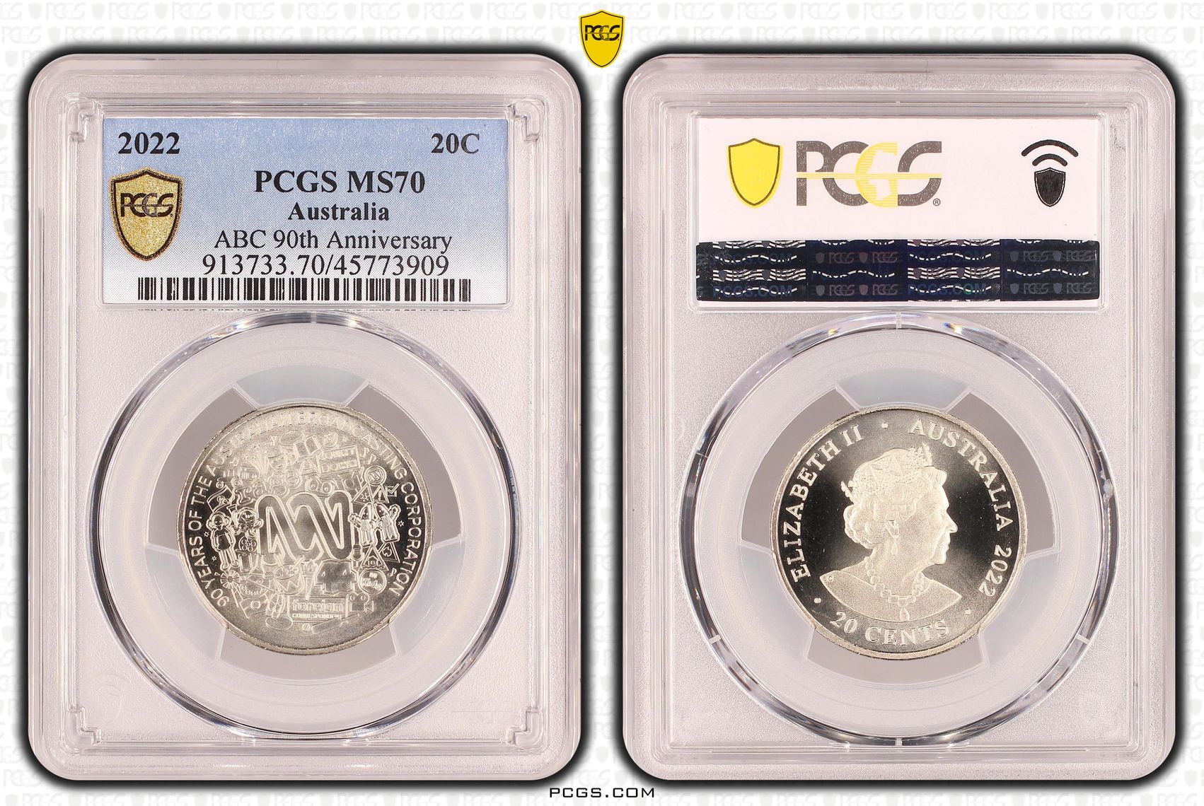 ABC 90th Anniversary, Twenty Cent, 2022, PCGS MS 70
