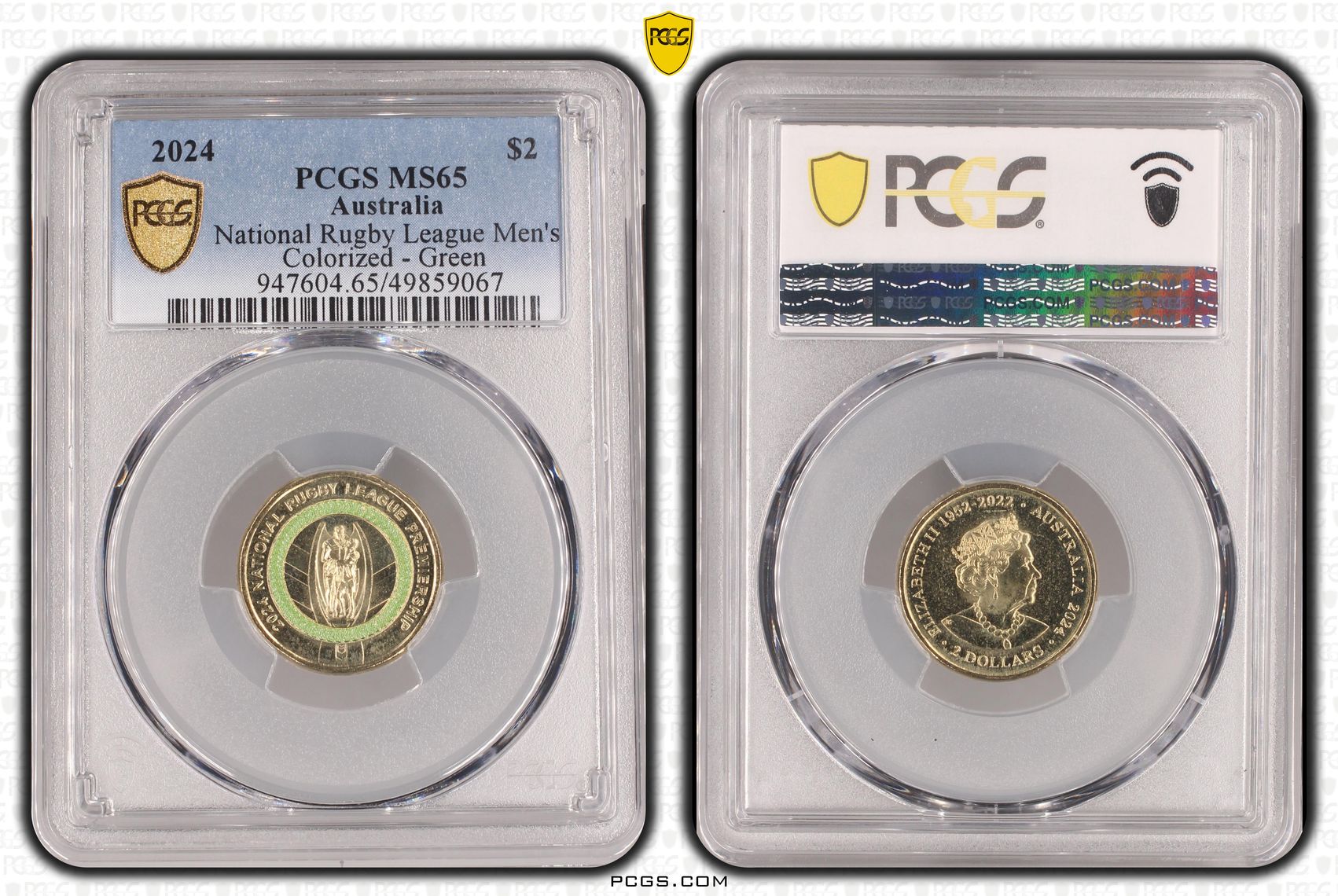 National Rugby League Men's Colorized - Green, Two Dollar, 2024, PCGS MS65