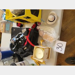 Travel bag, Rancho Vallencia Candle, other misc