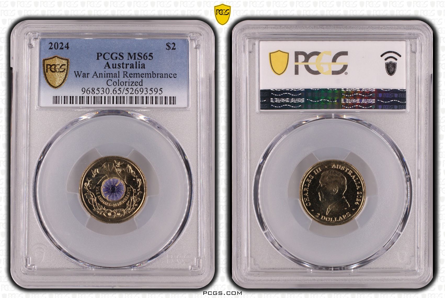War Animal Remembrance Colourised, Two Dollar, 2024, PCGS MS65