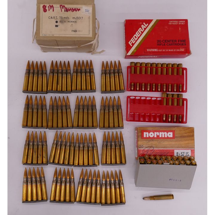 114pc 8mm Mauser Rounds. Includes 80pc FNM 68-7, 20pc Norma 196 GR 8x57 JS, and 14pc Federal 170 GR No. 8A Soft Point