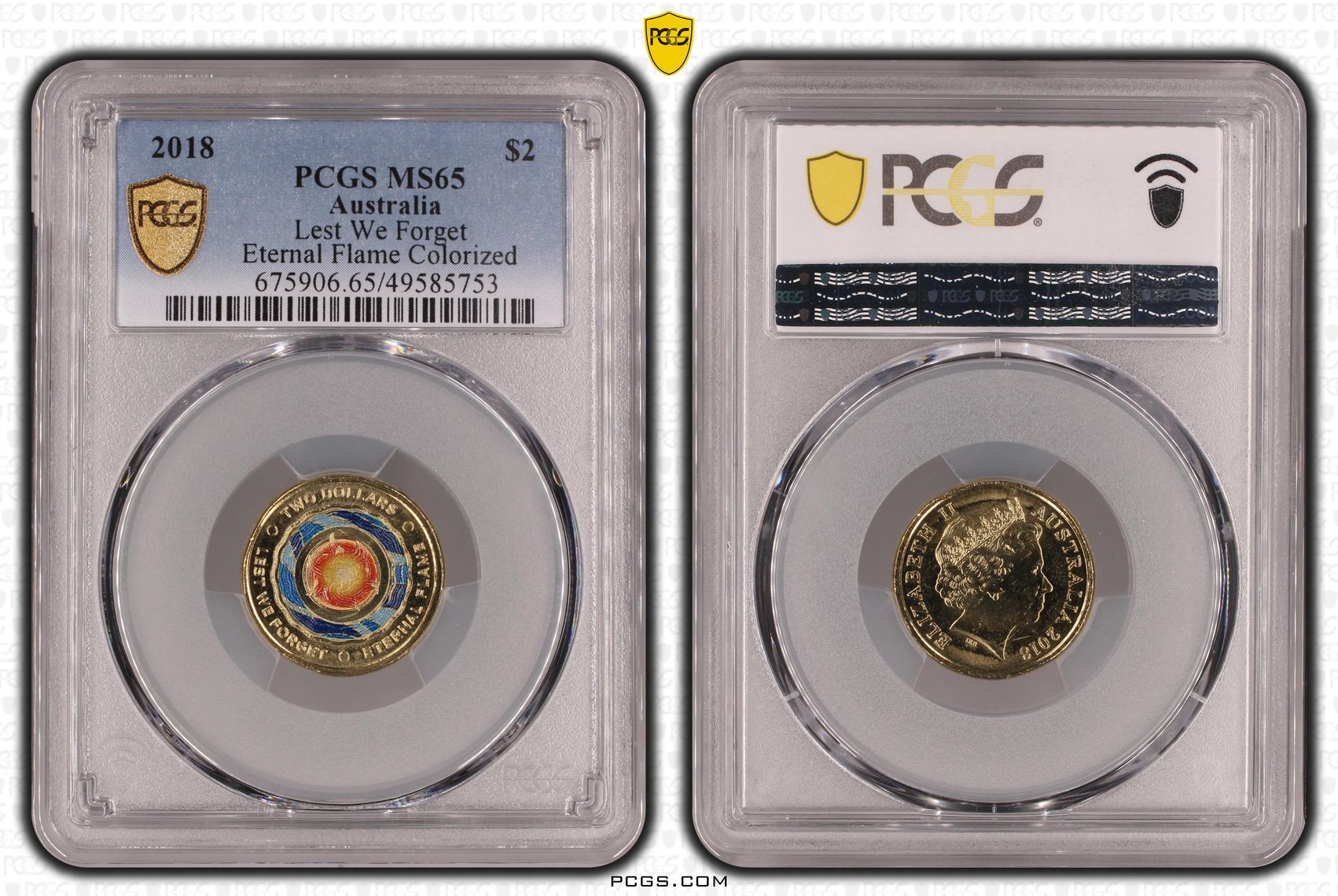 462 · Elizabeth II, Lest We Forget - Eternal Flame Colorized , Two Dollar, 2018, PCGS MS65