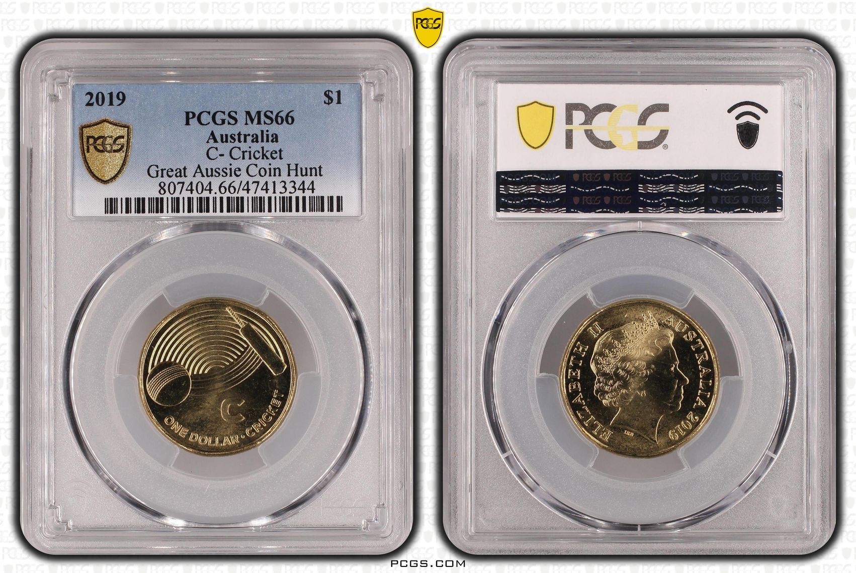 Elizabeth II, C- Cricket Great Aussie Coin Hunt, One Dollar, 2019, PCGS MS 66