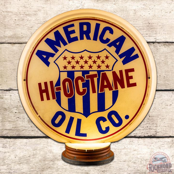American Hi-Octane Oil Co. Gasoline 13.5" Milk Glass Gas Pump Globe Complete w/ Shield Logo