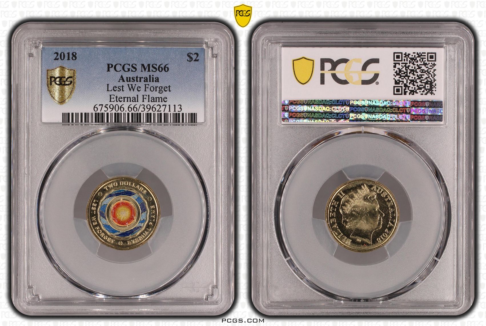 Elizabeth II, Lest We Forget - Eternal Flame Colorized, Two Dollar, 2018, PCGS MS66