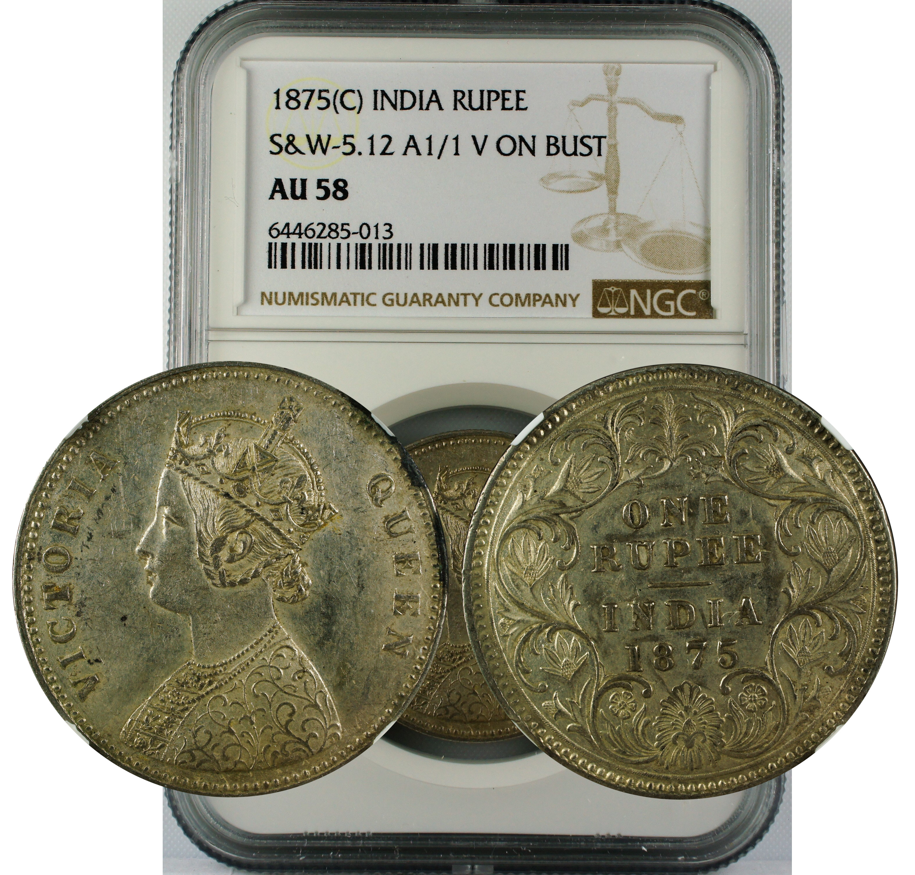 1875 C INDIA RUPEE S&W-5.12 A 1/1 V ON BUST AU58