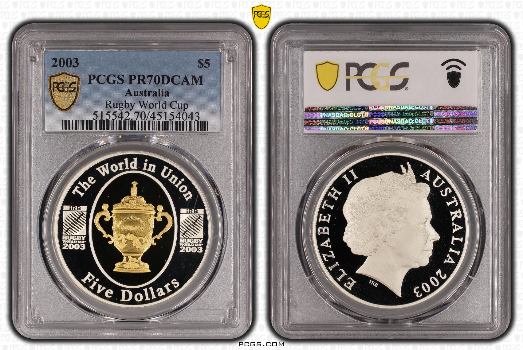 Rugby World Cup, POP 17/0, Five Dollar, 2003, PCGS PR70DCAM